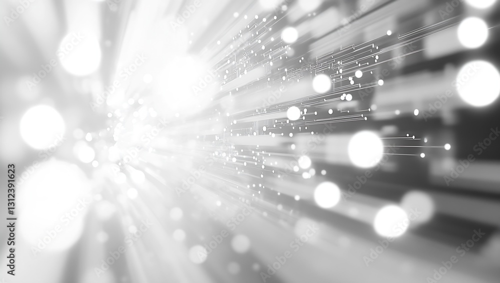 Poster Dynamic abstract light rays with sparkling orbs in black and white for modern digital backgrounds : Generative AI