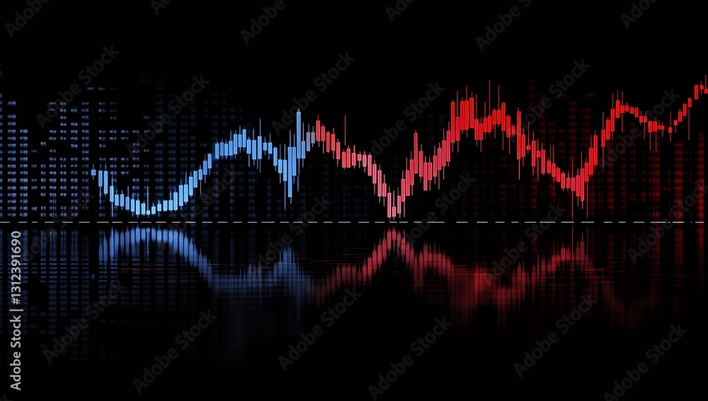 Poster Dynamic soundwave visualization featuring red and blue tones with reflections on a black background : Generative AI