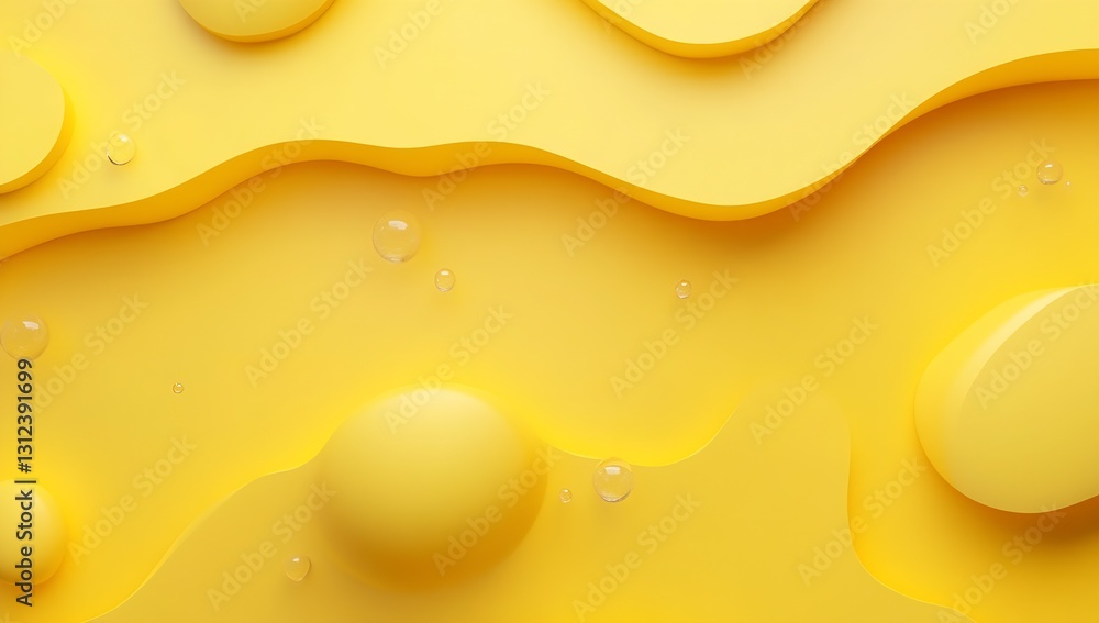 Poster bright yellow background with wavy forms and soft droplets creating a fresh and playful vibe : gener