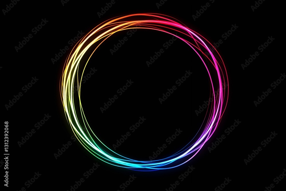 Aufkleber curving rainbow light trails forming an elegant circle on dark background : generative ai