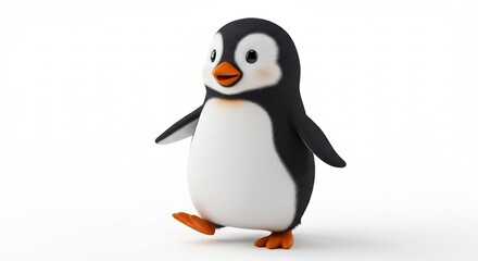 Fototapeta premium Happy penguin cheerfully waddles against bright white background. AI Generated