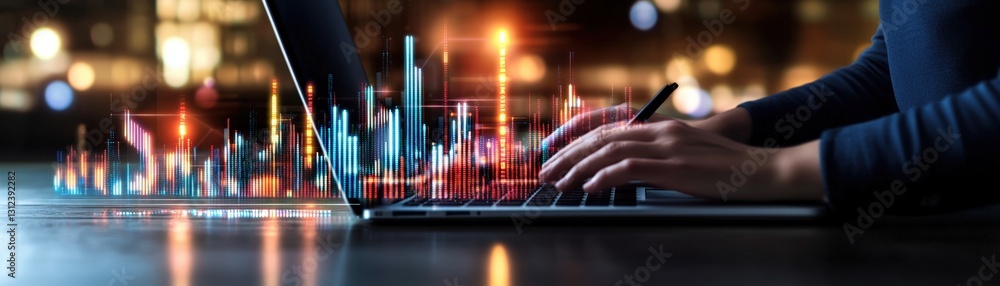 Poster individual typing intently on a laptop in a comfortable setting with a focused expression demonstrat