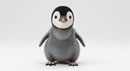Fototapeta premium Adorable baby penguin stands proudly soft grey plumage bright studio lighting. AI Generated
