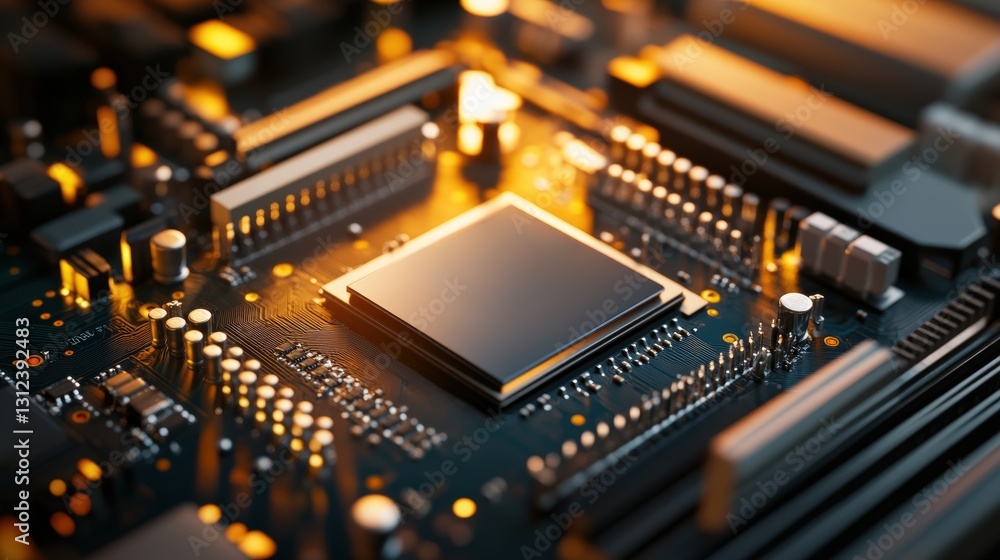 Poster close-up view of a computer motherboard with various components highlighting the complexity of moder