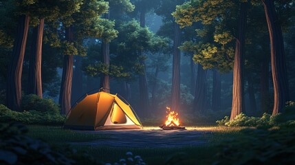 A illuminated tent and campfire exist in the deep woods