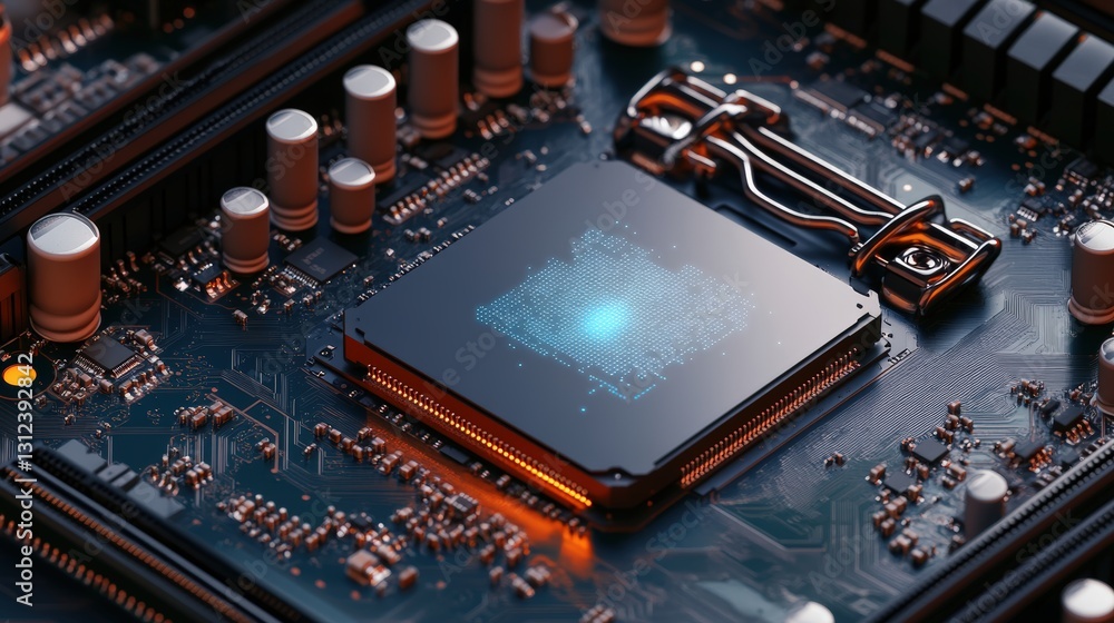 Poster cpu chip installed on a computer motherboard showcasing the heart of the processing unit in a digita
