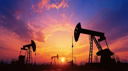 Silhouetted oil pumps against a vibrant sunset sky, showcasing industry and nature's beauty