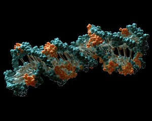 Abstract three dimensional depiction of molecular structure against black background