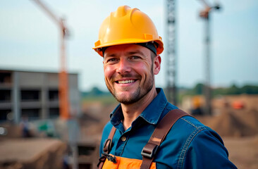 A modern banner with a close-up photo of a man in a protective helmet at a construction site. There is an empty space for the text. It is ideal for advertising real estate and building materials.