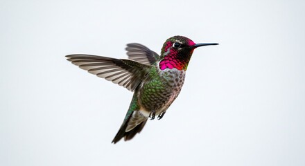 Obraz premium Vibrant hummingbird gracefully hovers against bright white background showcasing iridescent plumage. AI Generated
