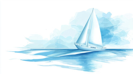 A graceful sailboat moves smoothly across tranquil blue waters, leaving gentle ripples in its wake. Soft clouds drift in the clear sky, enhancing the peaceful atmosphere