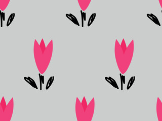 Fototapeta premium Pink hand drawn flowers, poppy flower, tulips, black leaves. Seamless vector pattern for design and decoration.