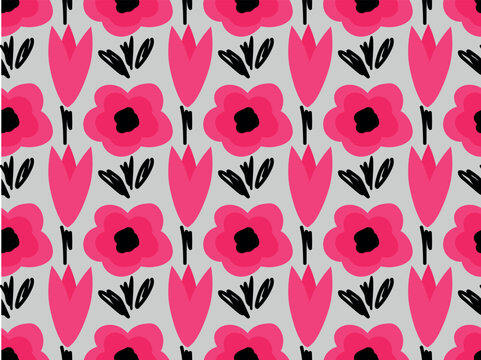 Pink hand drawn flowers, poppy flower, tulips, black leaves. Seamless vector pattern for design and decoration.