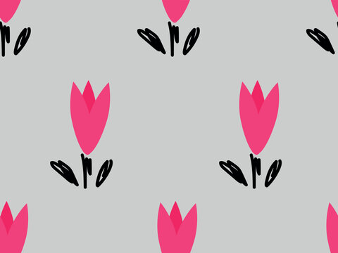 Pink hand drawn flowers, poppy flower, tulips, black leaves. Seamless vector pattern for design and decoration.