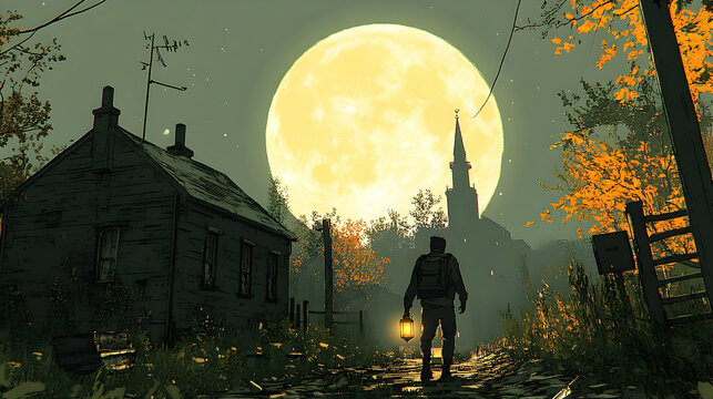 Man with lantern walks village path at night