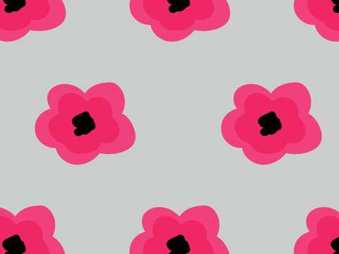 Pink hand drawn flowers, poppy flower, tulips, black leaves. Seamless vector pattern for design and decoration.
