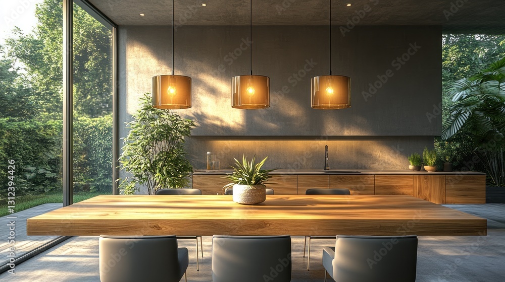 Poster modern dining room features a long table and large window