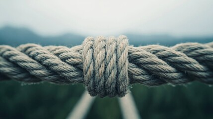 Fototapeta premium A close-up of a tightly knotted rope, emphasizing texture and detail against a blurred natural background.
