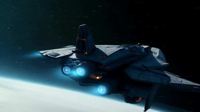 Futuristic spacecraft or starfighter with glowing engines flying above Earth's atmosphere. Science fiction of sleek spaceship with detailed design against planet and clouds background.
