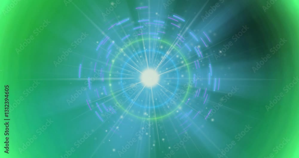 Poster animation of circular pattern glowing with light beams on green background