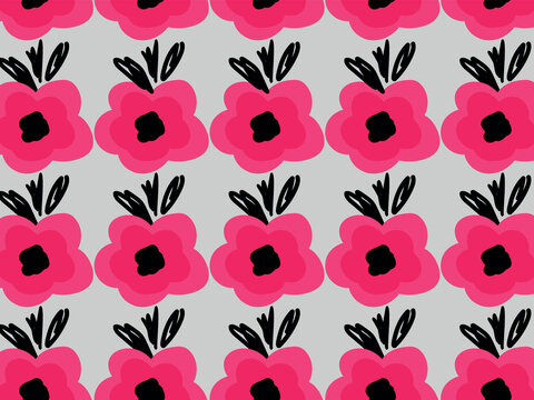 Pink hand drawn flowers, poppy flower, tulips, black leaves. Seamless vector pattern for design and decoration.