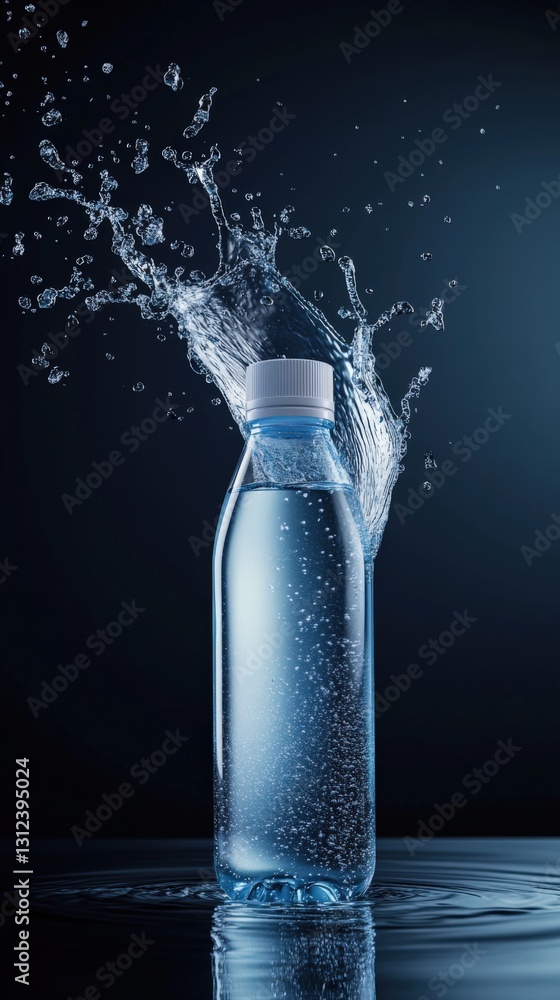 Poster dynamic splash of water around a bottle studio setting product photography dark background close-up 