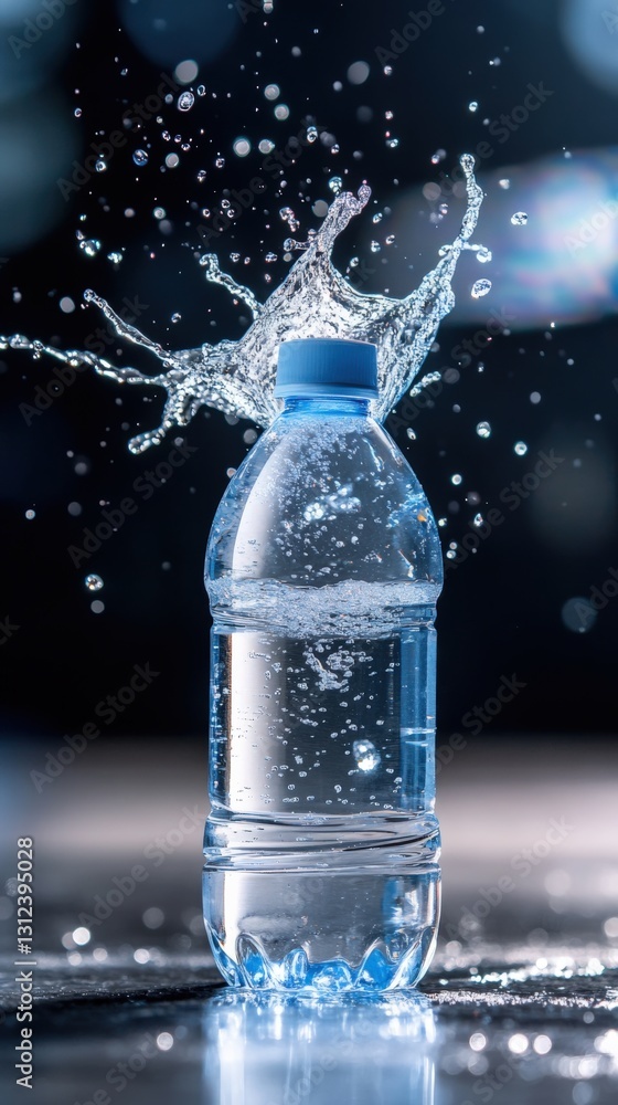 Poster water bottle splashing action studio environment product photography close-up view refreshing concep