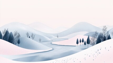 A tranquil winter scene presents gentle hills blanketed in snow, a meandering river slicing through, and sparse trees dotting the landscape under a pale sky