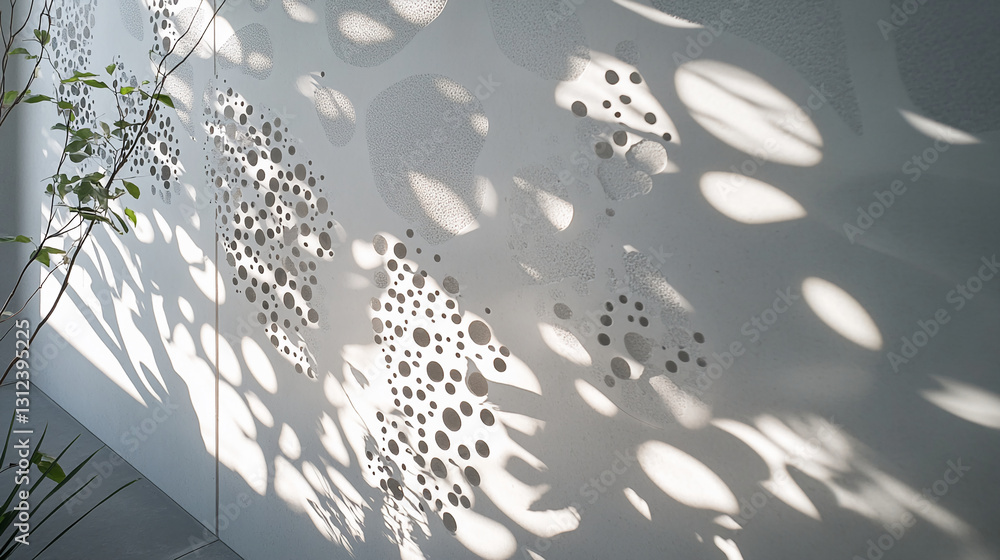 Poster white wall with cut-out circular patterns casting shadow patterns, creating a textured and abstract 