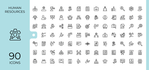 Human Resources minimal icon set. Contains such icons as meeting, collaboration, relation, person, career, corporate, office, leadership. Thin UI icon design. Minimalist vector collections.