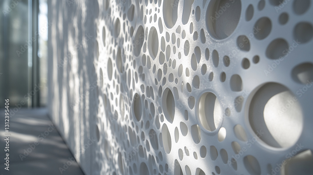 Poster white perforated wall texture with varying sized holes, illuminated by sunlight creating shadow patt