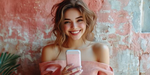 Smiling woman holding smartphone in a cozy cafe with rustic walls in the afternoon