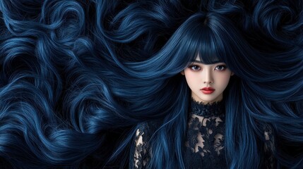 Fototapeta premium Enthralling Portrait of a Woman with Midnight Blue Hair