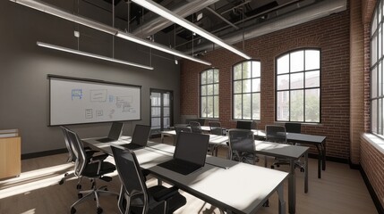 Empty classroom set in an urban area with tall windows letting in natural light. Desks are arranged with computer monitors, showcasing a contemporary educational environment