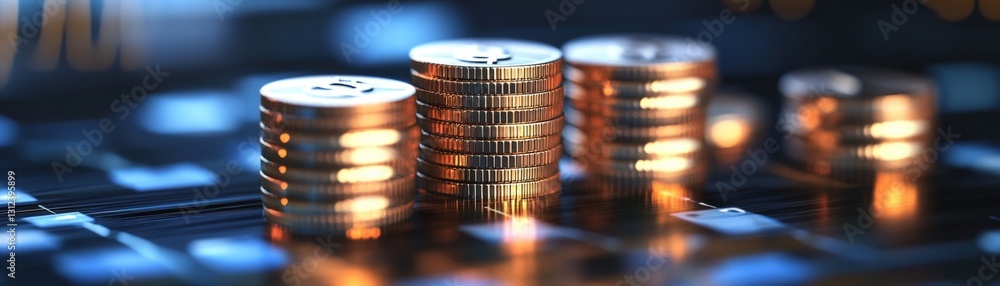 Poster detailed view of a stack of coins arranged in a pile on a wood table symbolizing accumulated wealth 
