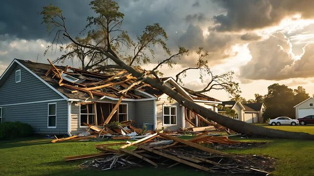 Storm damage with a large tree fallen onto a suburban house after severe weather
