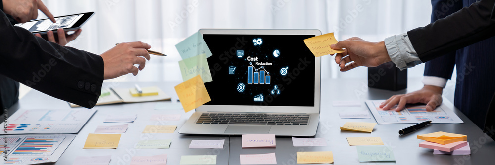 Poster cost reduction, cost saving concept shown on computer screen brisk, corporate business efficiently s