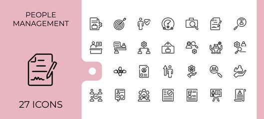 Human Resources minimal icon set. Contains such icons as meeting, collaboration, relation, person, career, corporate, office, leadership. Thin UI icon design. Minimalist vector collections.