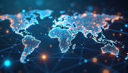 Global networking structure shown as world map. Digital data exchange, customer connection concept. HR recruitment, global outsourcing, customer service, teamwork, strategy, tech, social media