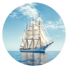A classic sailing ship at sea, with a clear sky 