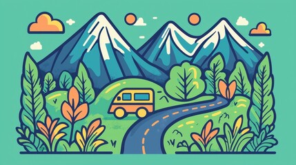 Obraz premium A vibrant scene features tall mountains, lush greenery, and a yellow camper van moving along a curved road. Soft clouds drift in a clear blue sky, creating a peaceful atmosphere