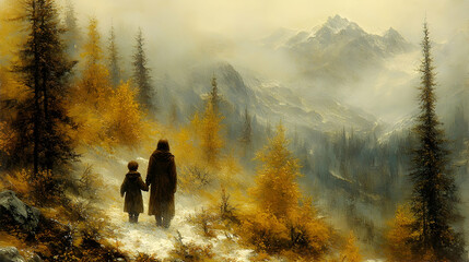 Misty mountain path, figures walk, autumn