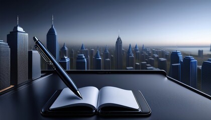 A pen on an open notebook overlooks a busy city skyline, representing academic pursuits.