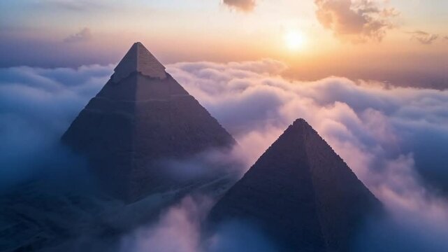 The two pyramids are covered in clouds and the sun is setting