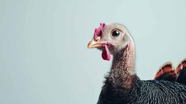 Close-up Profile of a Young Grey and Brown Turkey Chick Against a Light Background