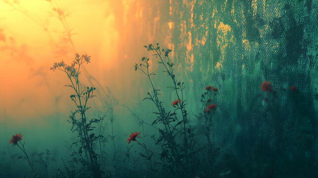Misty Sunrise Flowers in a Grungy Woods