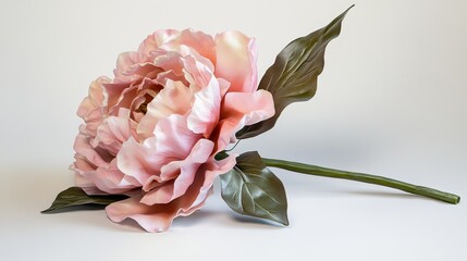 A soft pastel pink peony is displayed flat, its ruffled petals layered beautifully, with stem and leaves spread on white.