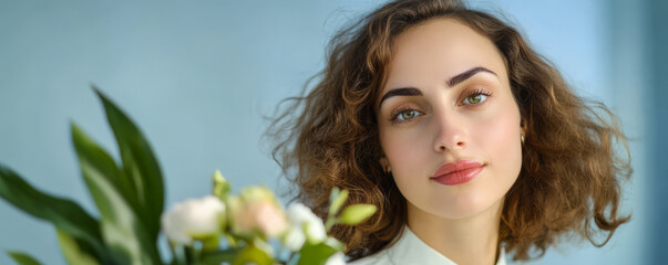 Fototapeta premium Woman with curly hair holding flowers in a soft blue background during daylight