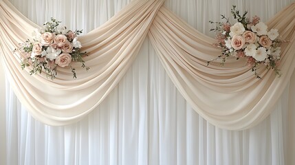 Draped fabric backdrop adorned with floral arrangements for decoration