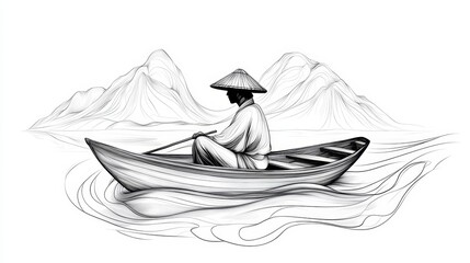 Tranquil Fisherman on Bamboo Boat - A serene illustration of a fisherman in a bamboo boat on calm water, surrounded by mountains, symbolizing peace, nature, solitude, tradition, and perseverance